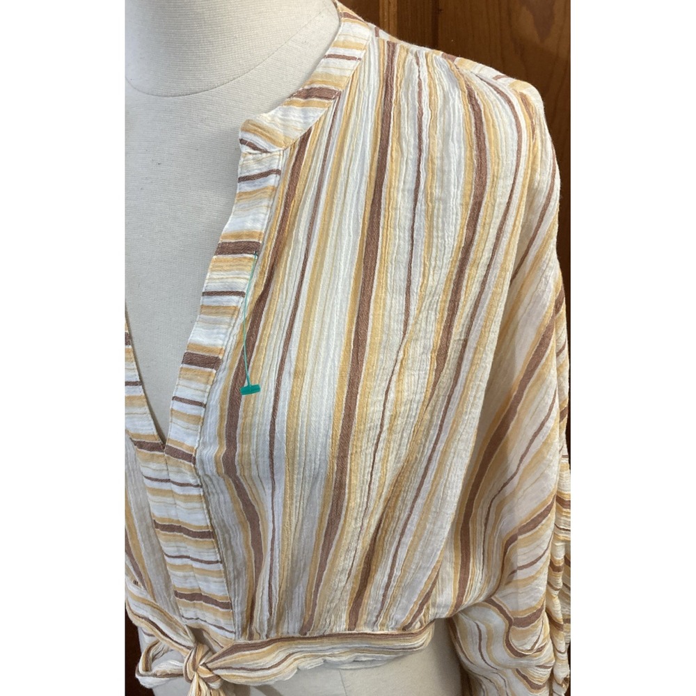 Anthropologie tie-front balloon sleeve striped blouse Sz M Gauze Coastal Boho - Picture 5 of 8